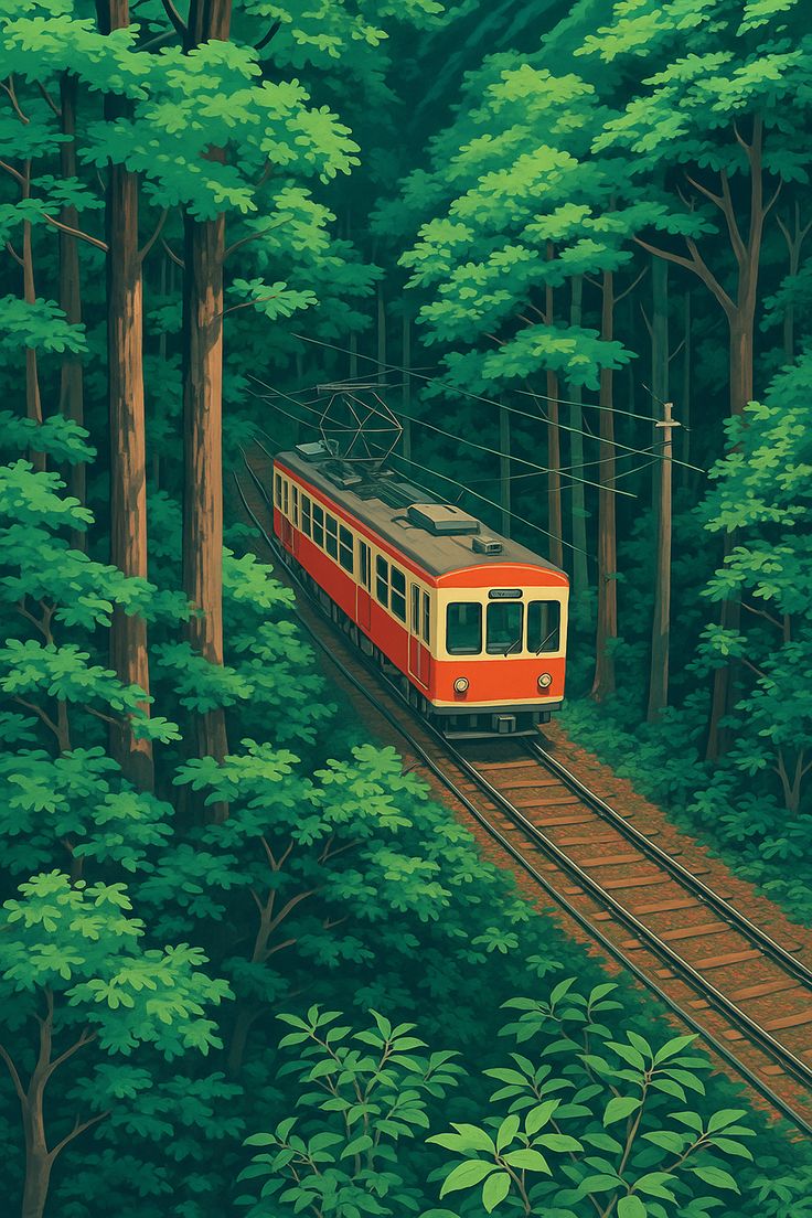 Red train through a green forest