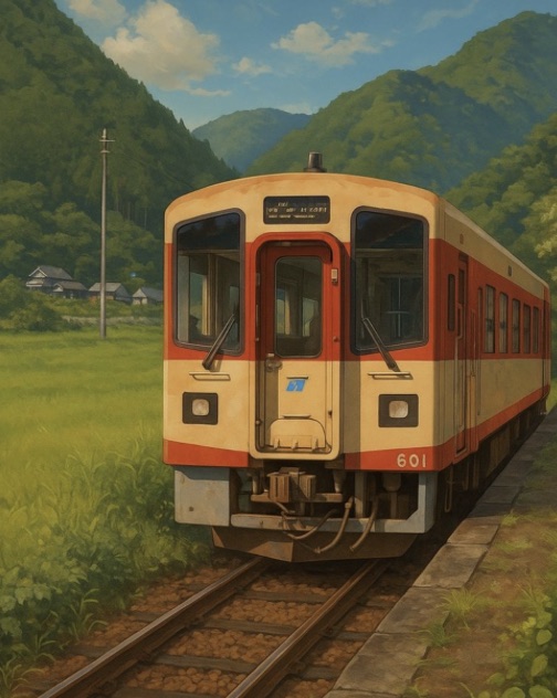 Cream and red train on a track through a green valley