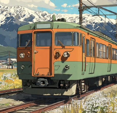 Green and orange train below snowy mountains